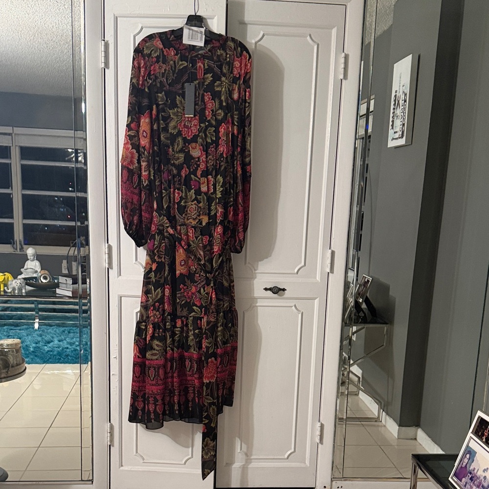 Kobi Halperin Black Floral Long Sleeve Midi Dress with Pink and Green Accents